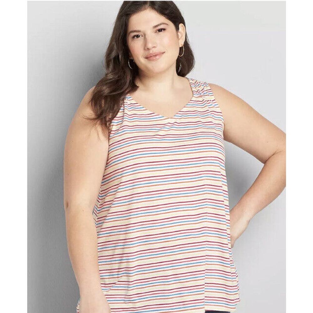 New Lane Bryan Womans 26/28 Tank Gathered Shoulder V Neck Sleeveless Stripes NWT